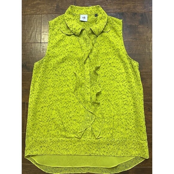 CAbi Printed Chartreuse Reign Blouse Top Ruffle Sz Small - Picture 1 of 6